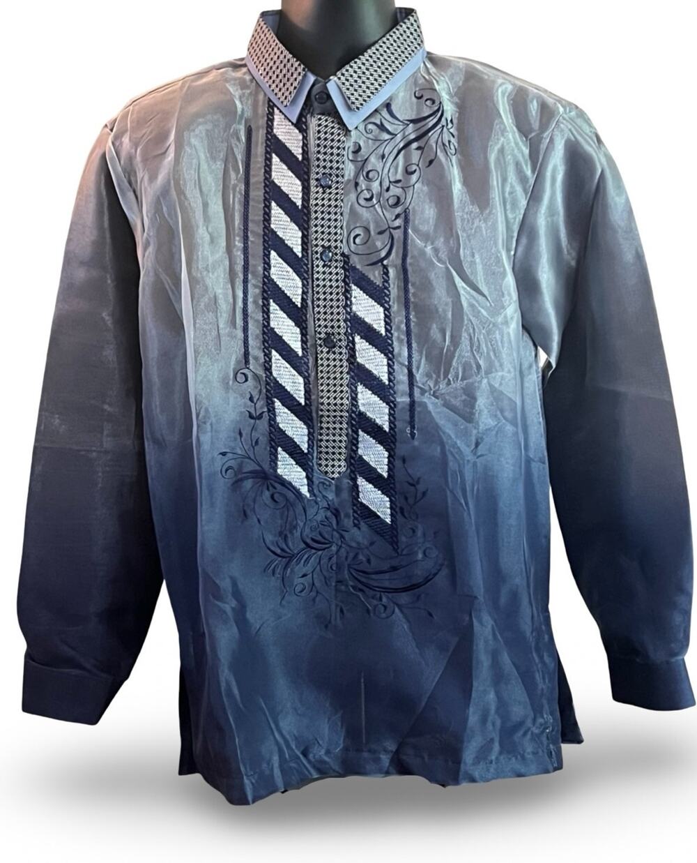 Embroidered Filipino Barong Tagalog Blue Blends Organza Satin Tunic Shirt, Large